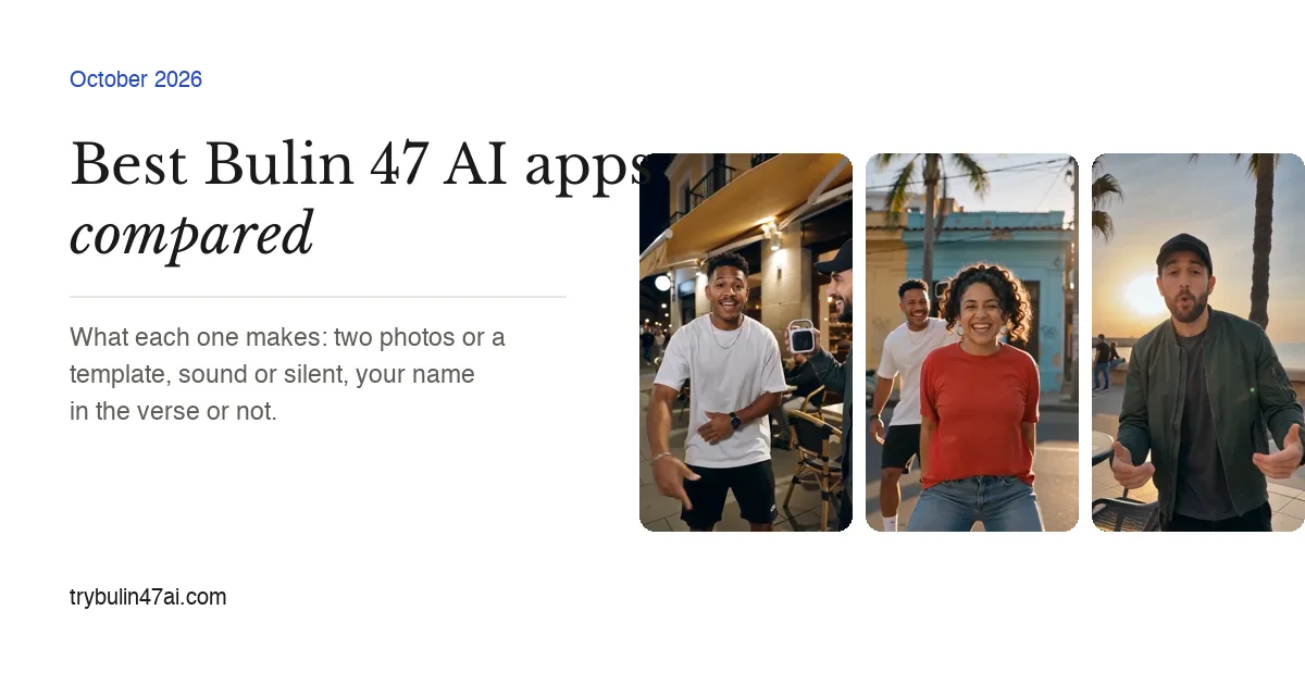 Best Bulin 47 AI apps compared: a friend with a portable speaker stops a man outside a restaurant at night, a woman freestyling on a Caribbean street corner, and a man freestyling on a seaside promenade